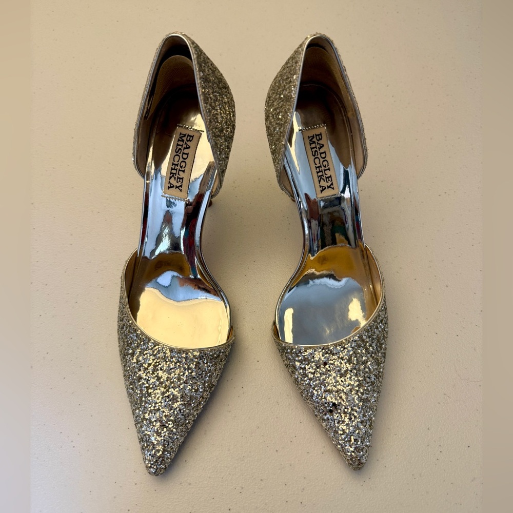 Badgley Mischka Silver Glitter Stiletto Heels—Worn once!